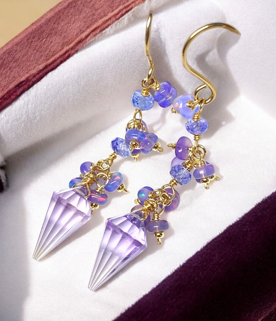 Amethyst Rose de France and Lavender Opal Dangle Earrings Gold Fill