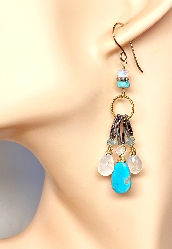 Kingman Turquoise, Rainbow Moonstone Dangle Earrings Mixed Metals, Handmade