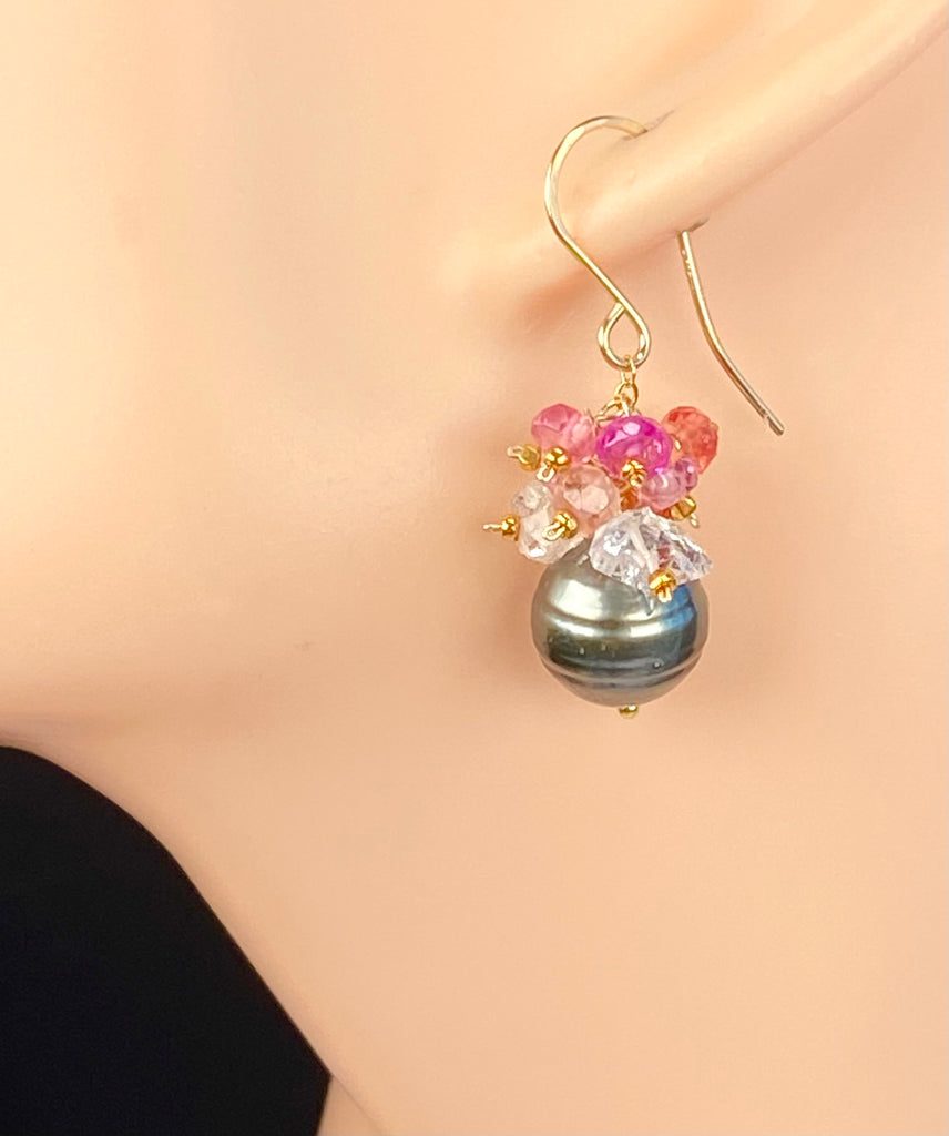 Tahitian Pearl Cluster Earrings with Padparadscha Sapphire & Herkimer Diamond Quartz, Gold Fill