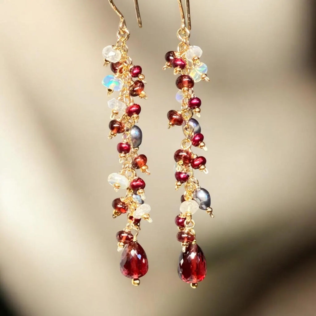 Red Garnet Cranberry Pearl and Opal Long Dangle Earring, Gold
