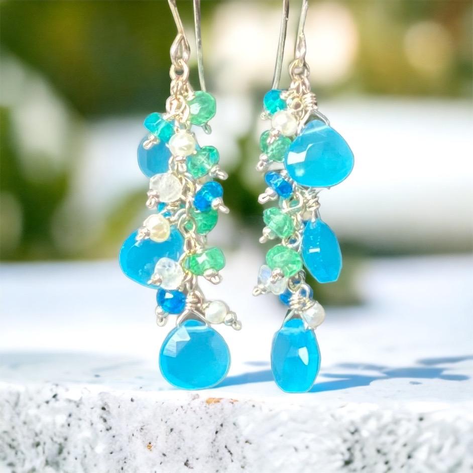 Blue Chalcedony, Moonstone, Green Topaz and Sterling Silver Dangle Earrings