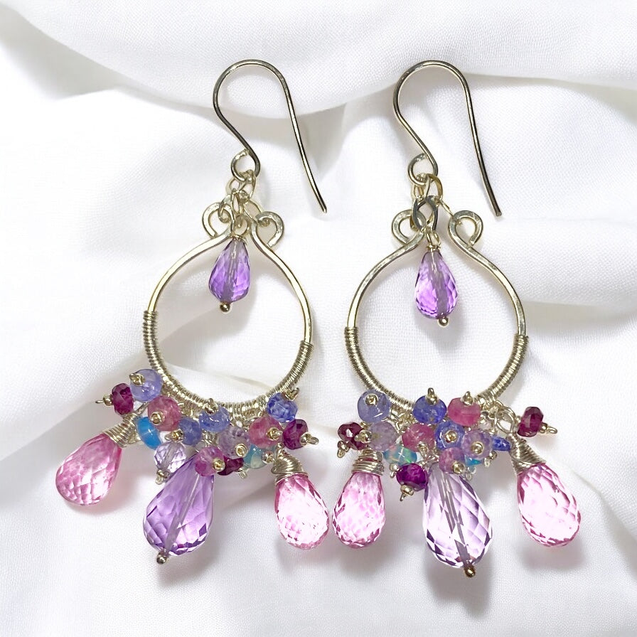 Pink Gemstone and Amethyst Chandelier Earrings Sterling Silver