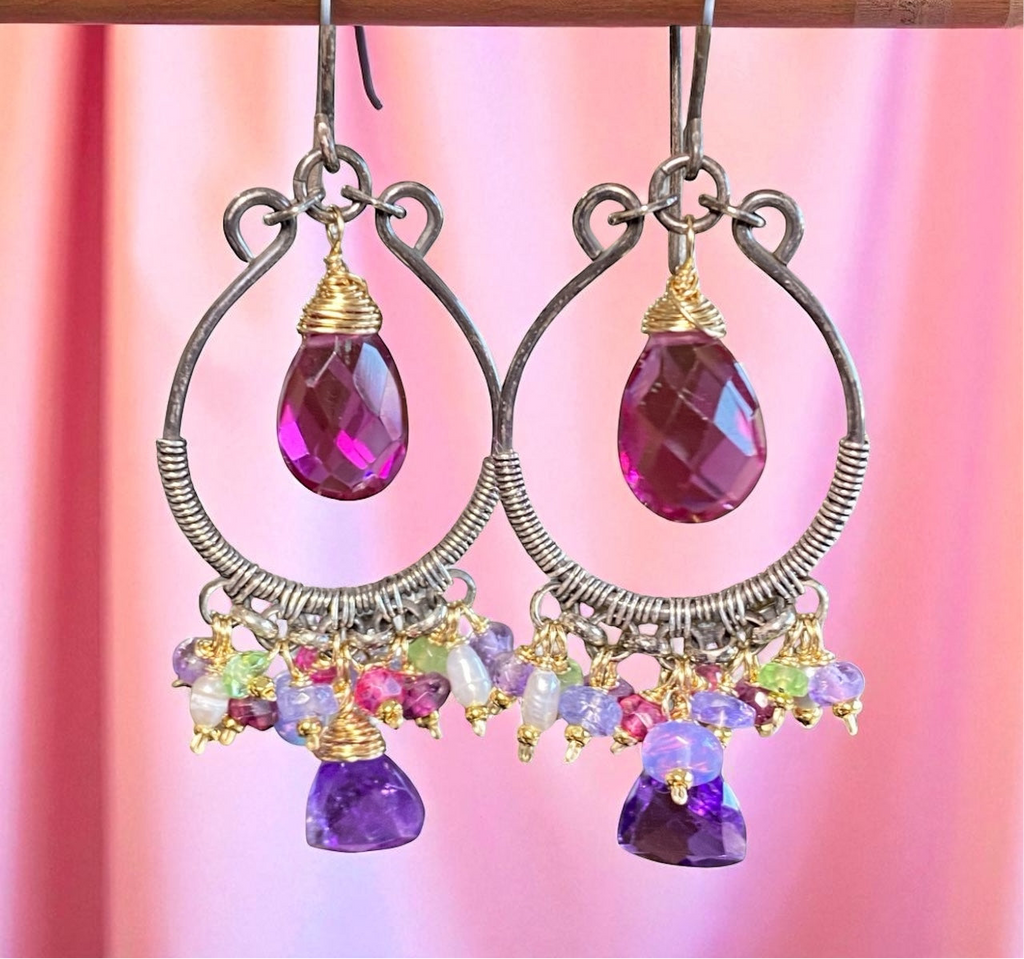 Blue Violet, Amethyst Trillion Gemstones Hoop Chandelier Earrings