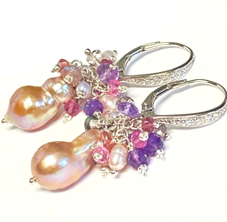 Baroque Pearl Amethyst Cluster Earrings Sterling SIlver