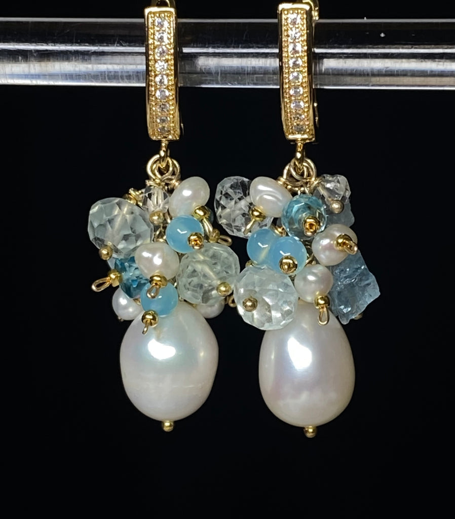 Aquamarine Gemstone Pearl Cluster Earrings Gold Post - Doolittle