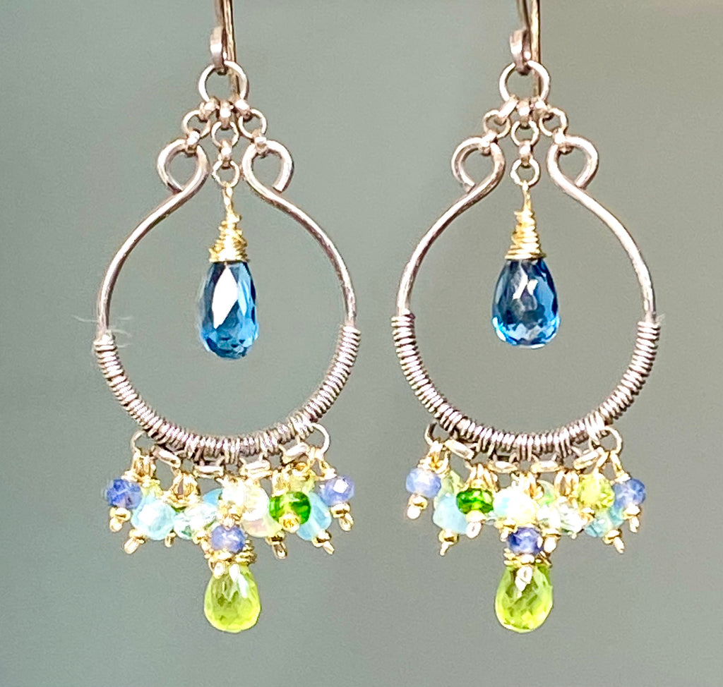 London Blue Topaz, Peridot, Oxidized Silver Hoop Chandelier Earrings Mixed Metal