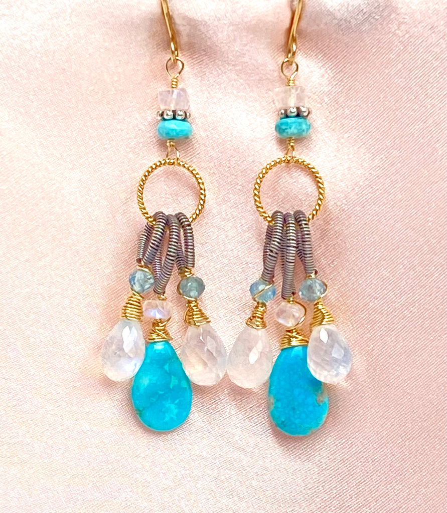 Turquoise & Rainbow Moonstone Dangle Earrings Mixed Metals
