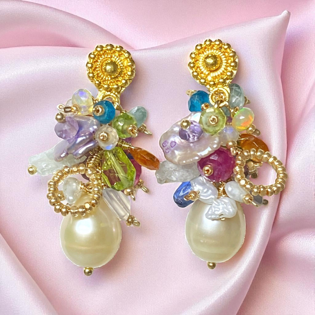 Pearl and Multi mm￼Gemstone Cluster Earrings