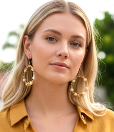 Citrine Pearl Pyrite Gemstone Hoop Earrings Gold Fill — Wire Wrapped Statement Hoops