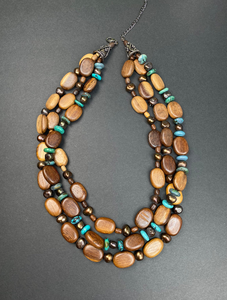 Triple Strand Chunky Beaded Necklace:  Turquoise, Pearl, Wood, Sterling Silver