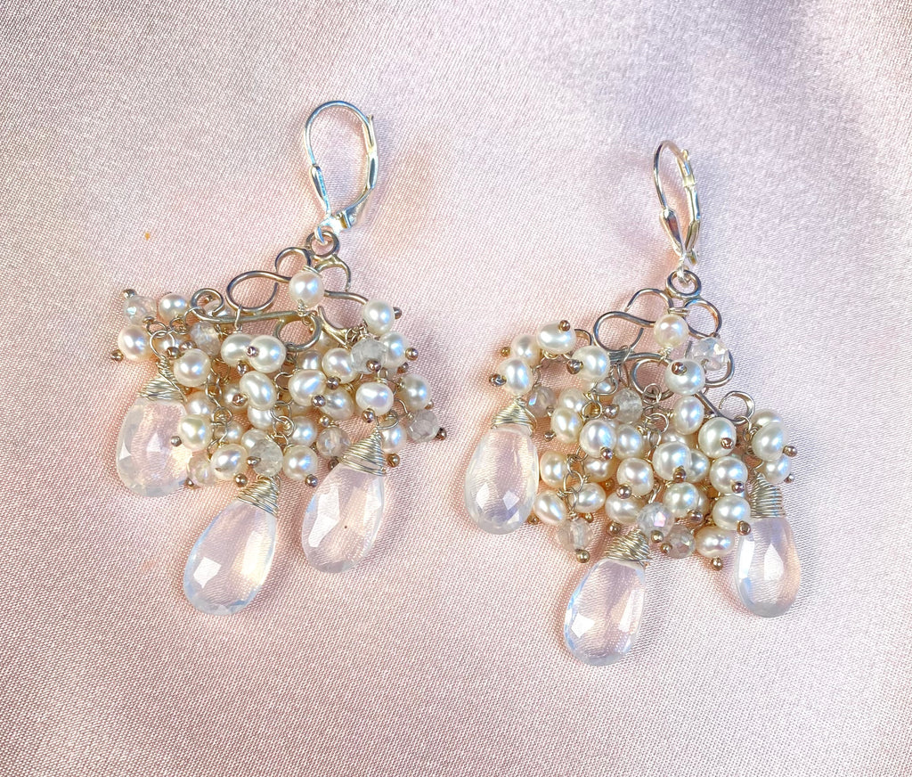 Ivory Pearl & Ice Quartz Chandelier Earrings Sterling Silver - Doolittle