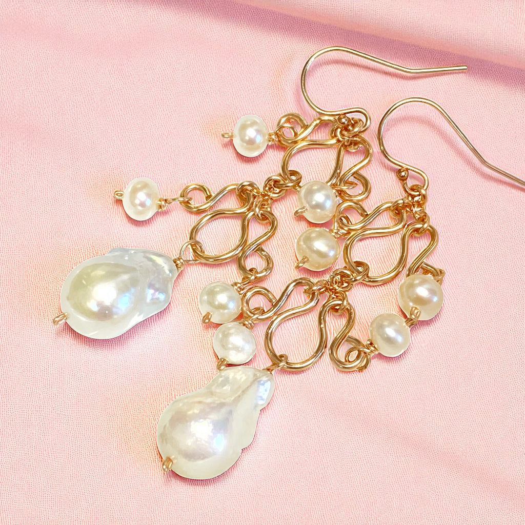 Baroque Pearl Rose Gold Chandelier Earrings