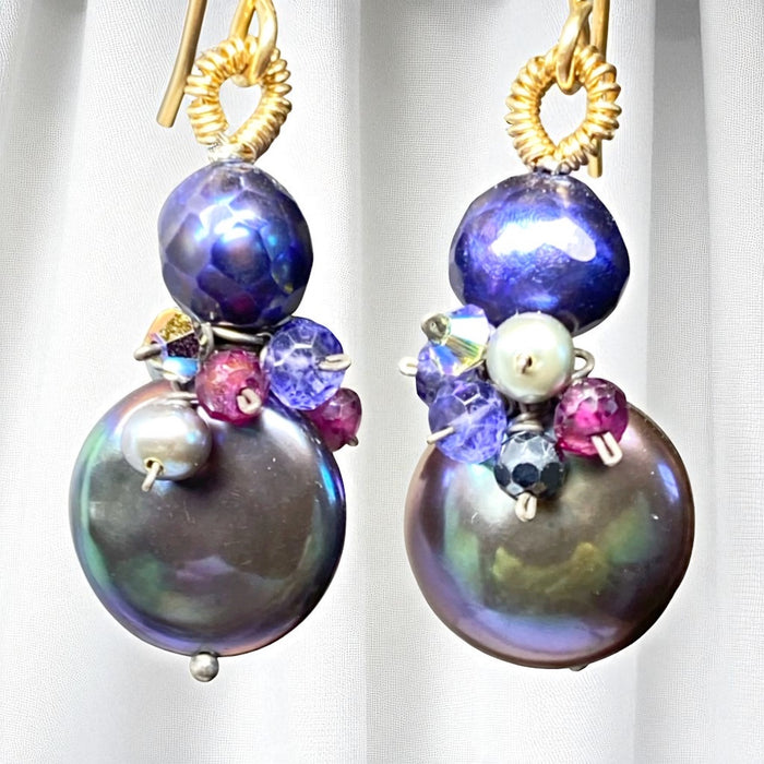 Peacock Coin Pearl Earrings with Faceted Blue Pearls