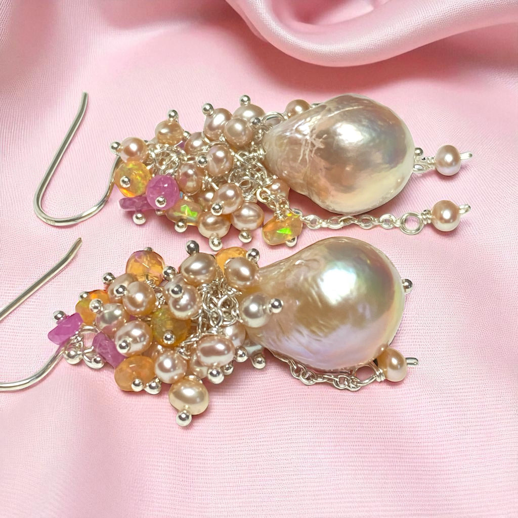 Pink Blush Baroque Pearls Opal, Sapphire Pearl Cluster Earrings