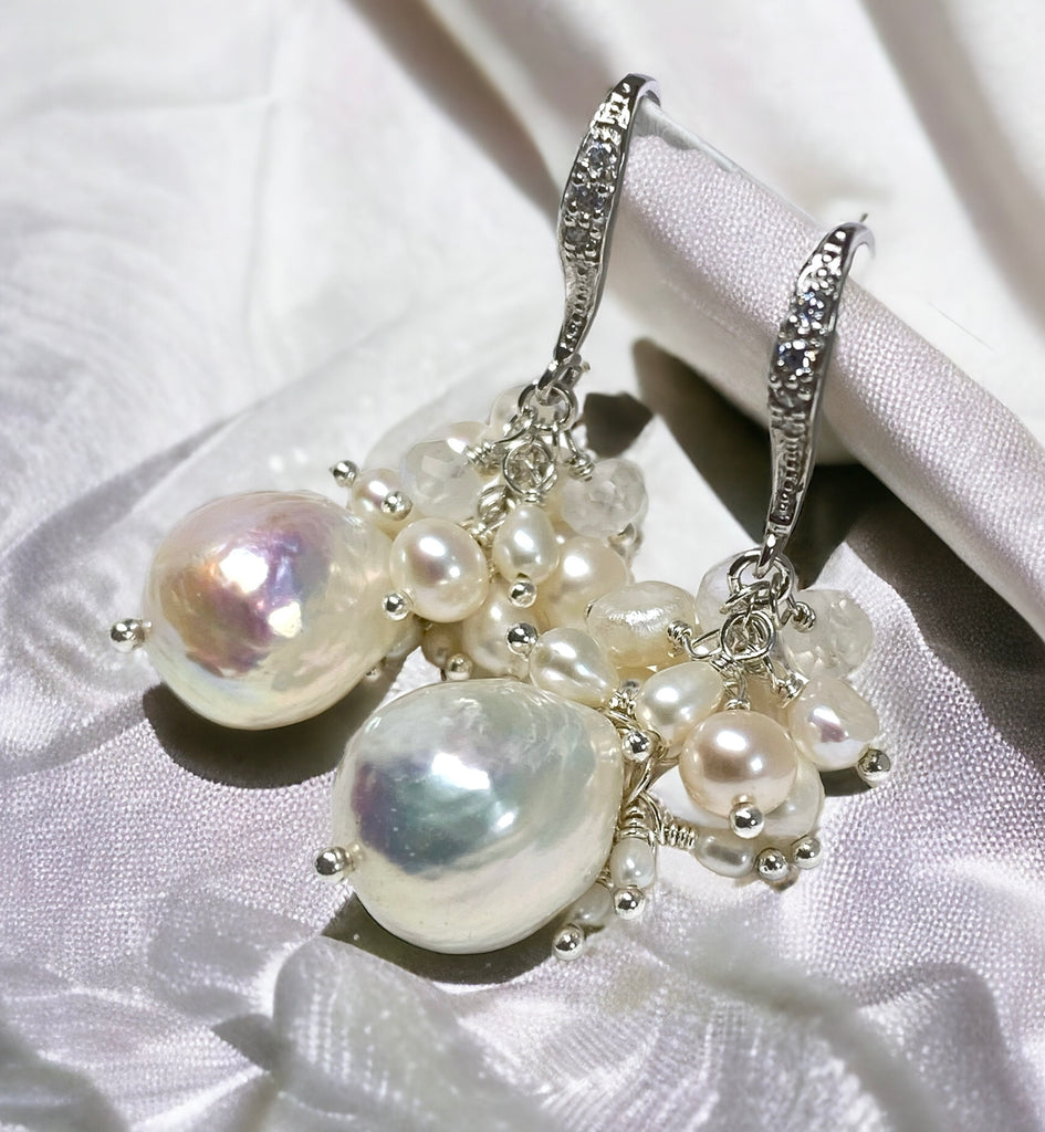 White Edison Pearl Cluster Earrings with Moonstone in Sterling Silver