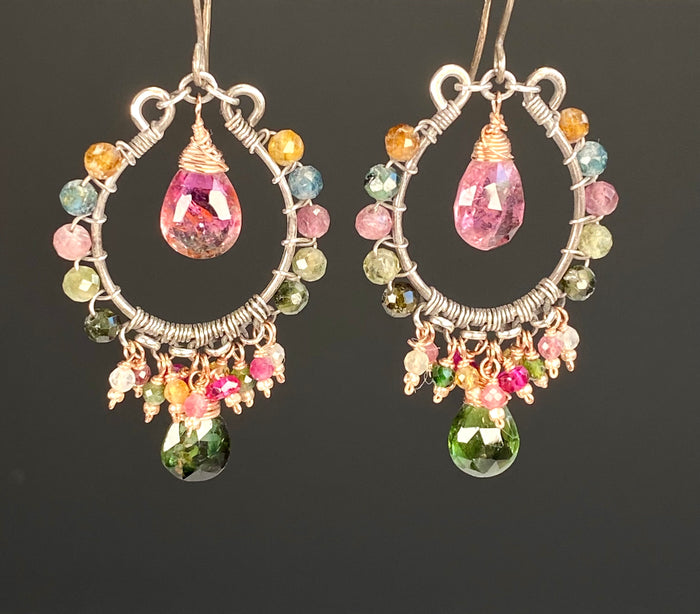 Pink and Green Tourmaline Mixed Metal Hoop Chandelier Earrings - Rose Gold, Oxidized Silver