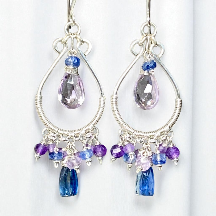 Blue Kyanite and Purple Gemstone Hoop Chandelier Earrings