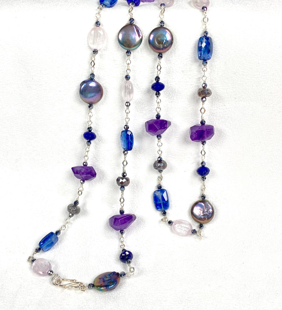 Long Blue Violet Necklace Amethyst Kyanite Kunzite Coin Pearl Sterling Silver