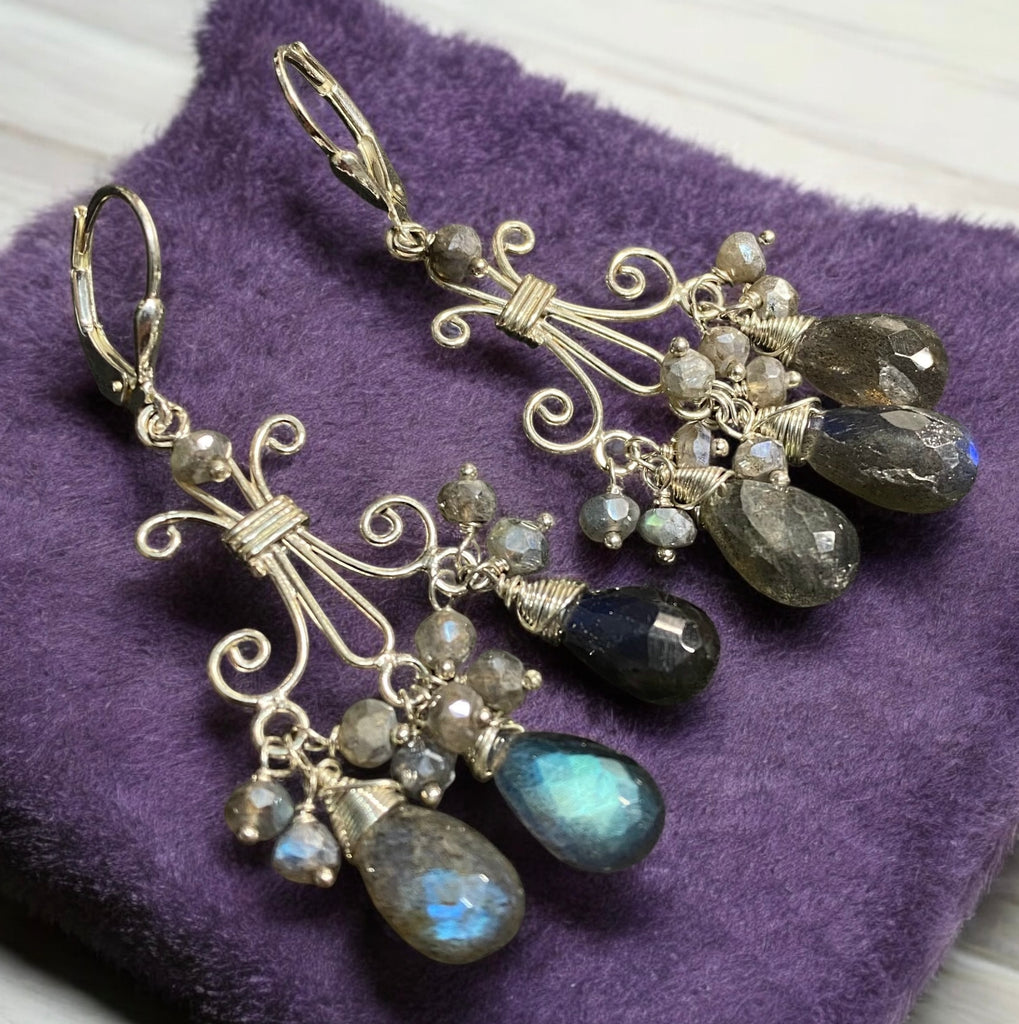 Labradorite Chandelier Earrings Sterling Silver Wire Wrap Teardrops