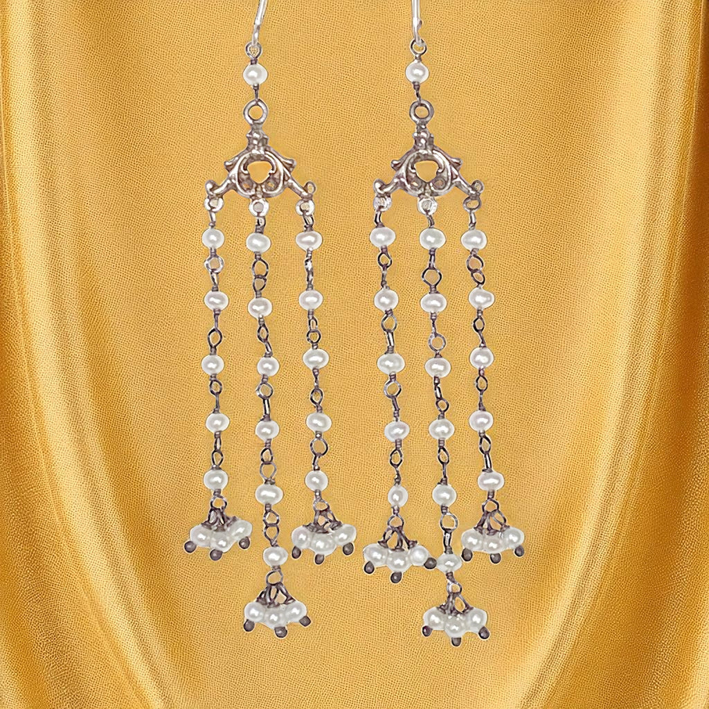 Long Pearl Chandelier Earrings Oxidized Silver Shoulder Dusters