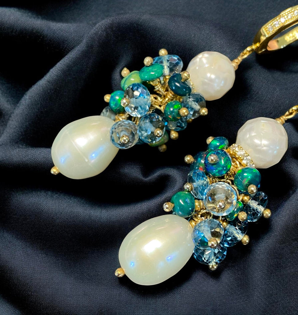 Pearl Blue Opal London Blue Topaz Cluster Earrings Sterling Silver Statement Black Tie - Doolittle