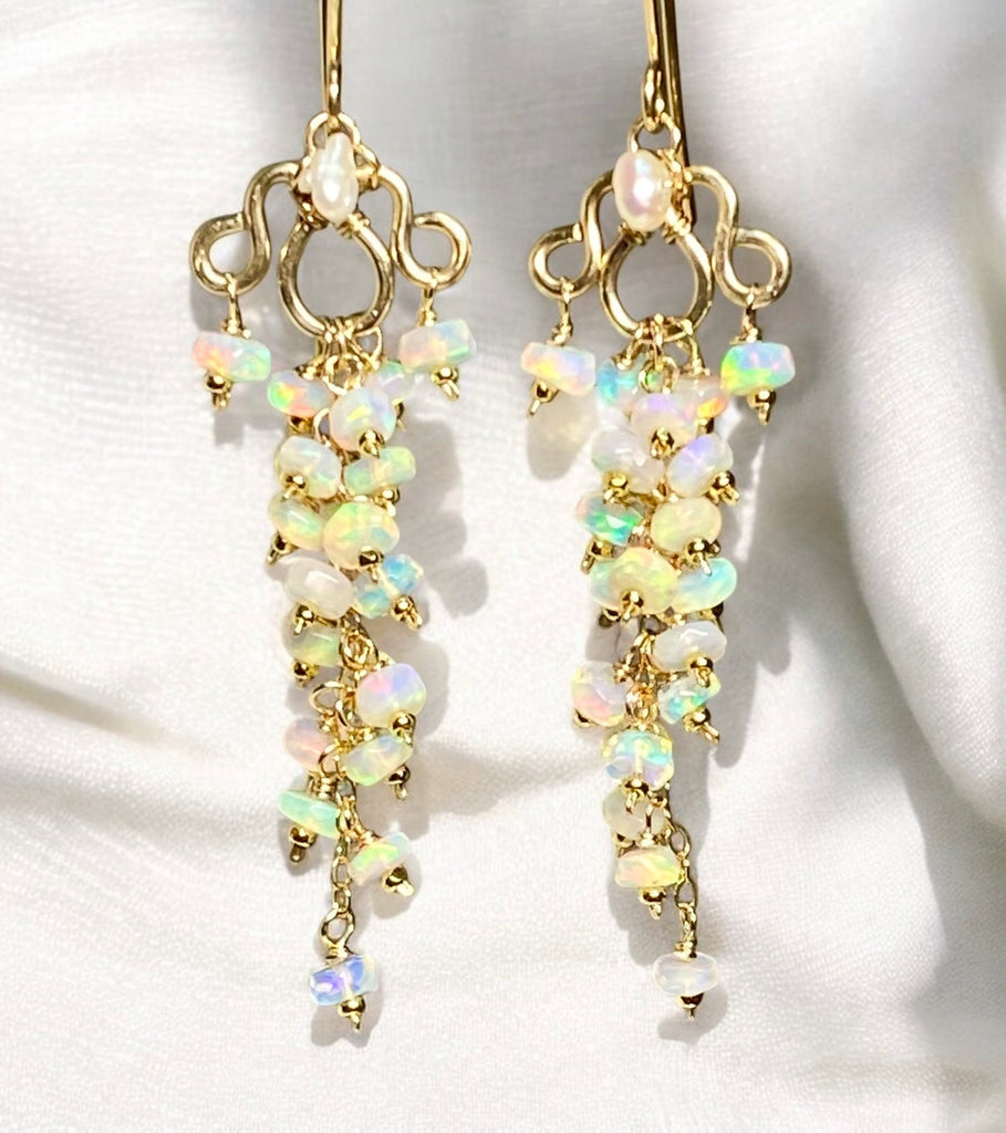 White Ethiopian Opal Chandelier Tassel Earrings Gold Fill