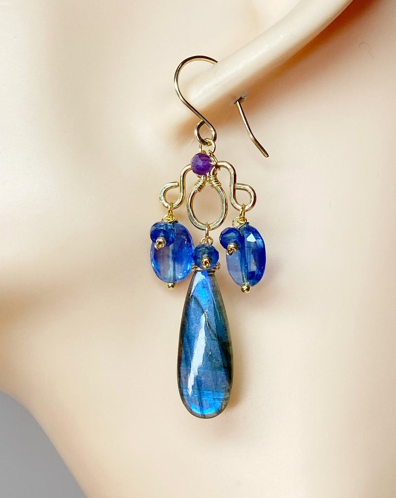 Blue Labradorite Statement Chandelier Earrings in Gold Fill with Kyanite