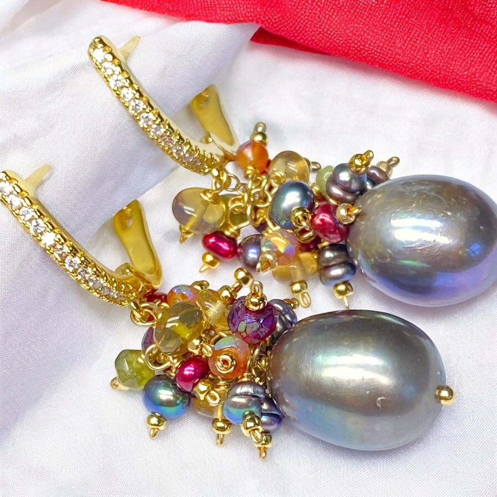 Grey Pearl Earrings with Colorful Gemstone Clusters in 14 kt Gold Fill