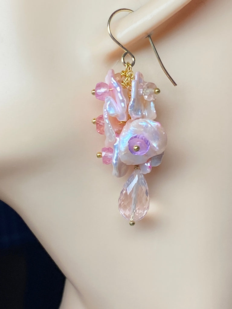 Padparadscha Sapphire Keishi Pearl Dangle Earrings with Rose Quartz Gold Fill - Doolittle