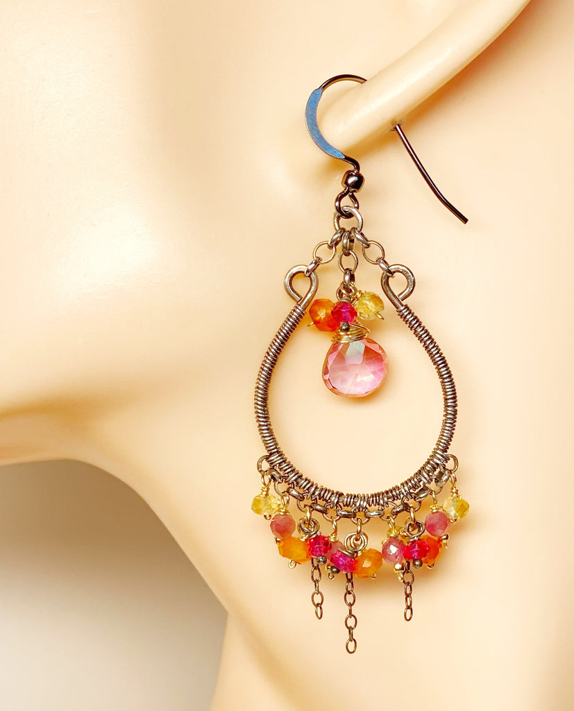 Multi-color Gemstone Hoop Chandelier Earrings in Mixed Metals