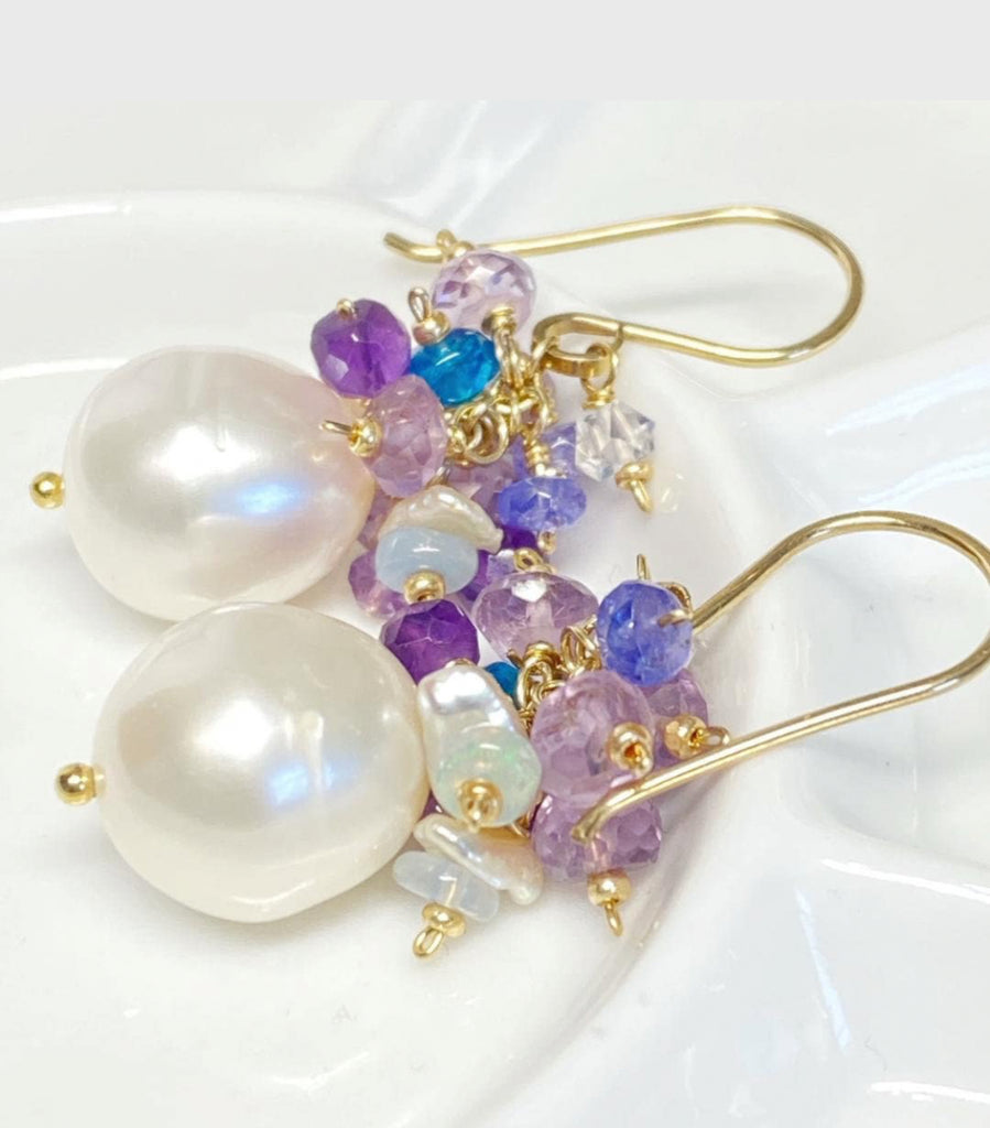 Gemstone Cluster Pearl Earrings Amethyst Tanzanite Gold