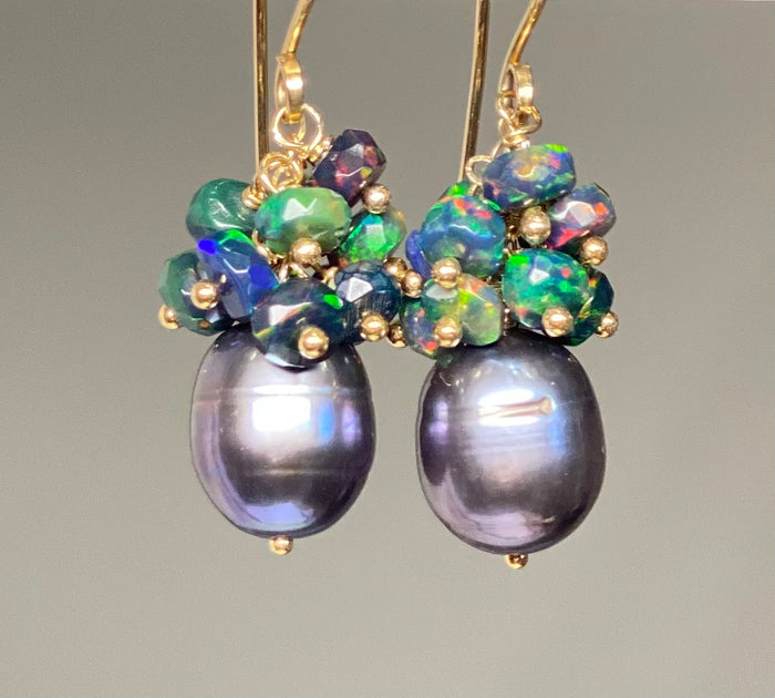 Black Grey Pearl Black Opal Cluster Earrings Gold