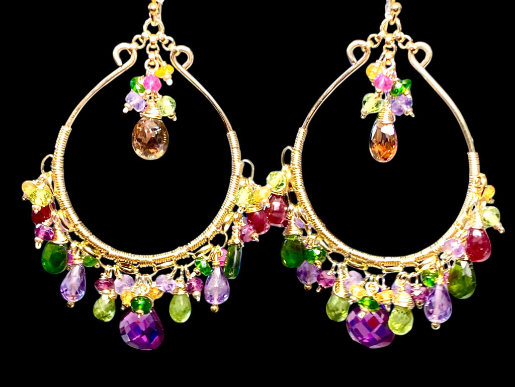 Statement Multi Gemstone Chandelier Hoop 14k Gold Fill Earrings - Violet, Green, Pink