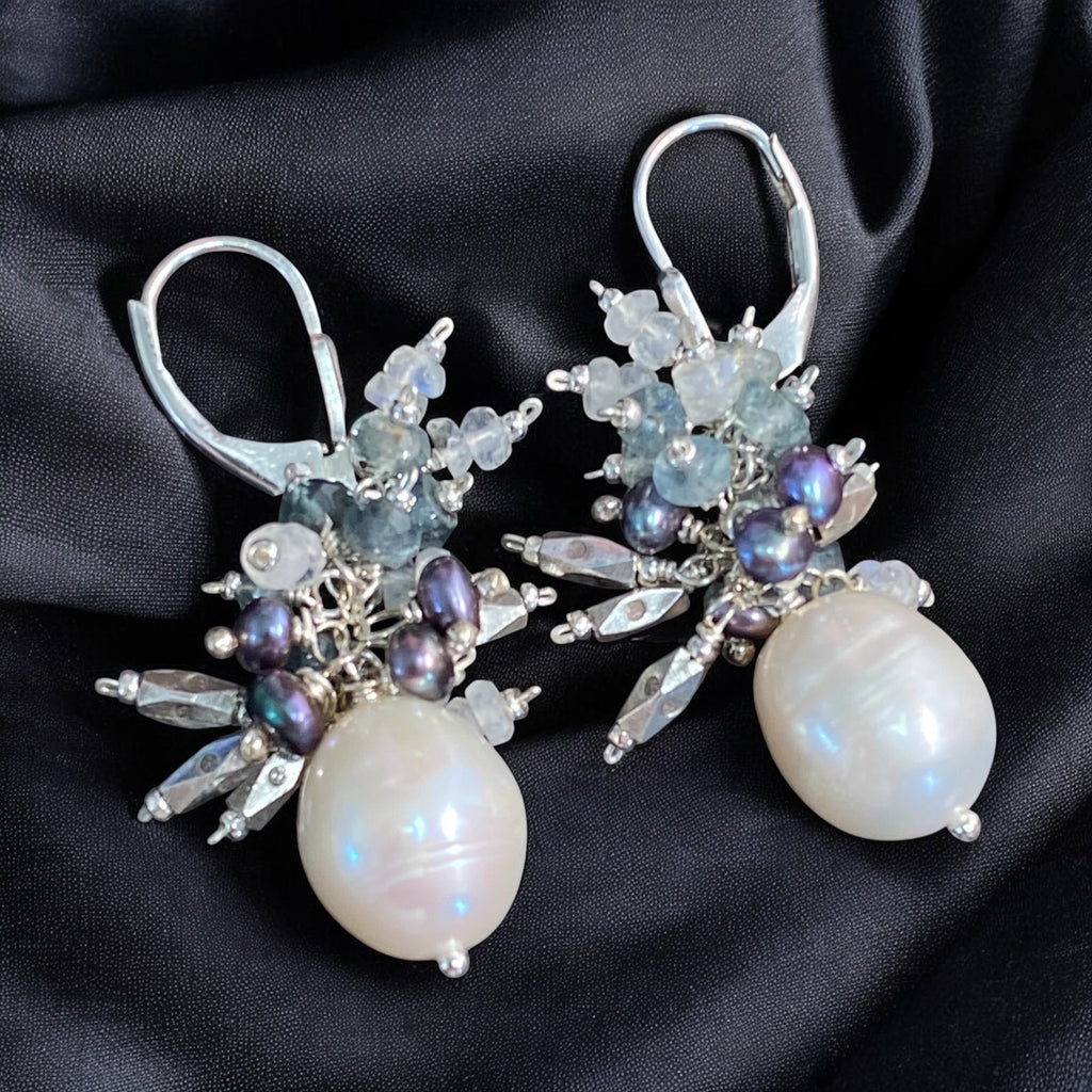 Moss Aquamarine and Pearl Cluster Earrings, Sterling Silver