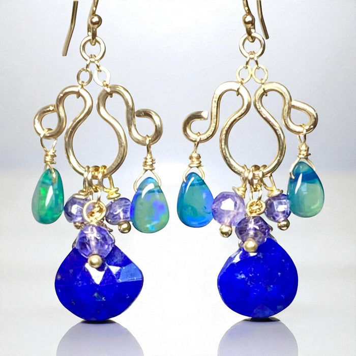 Blue Lapis, Blue Opal Chandelier Earrings Gold Fill