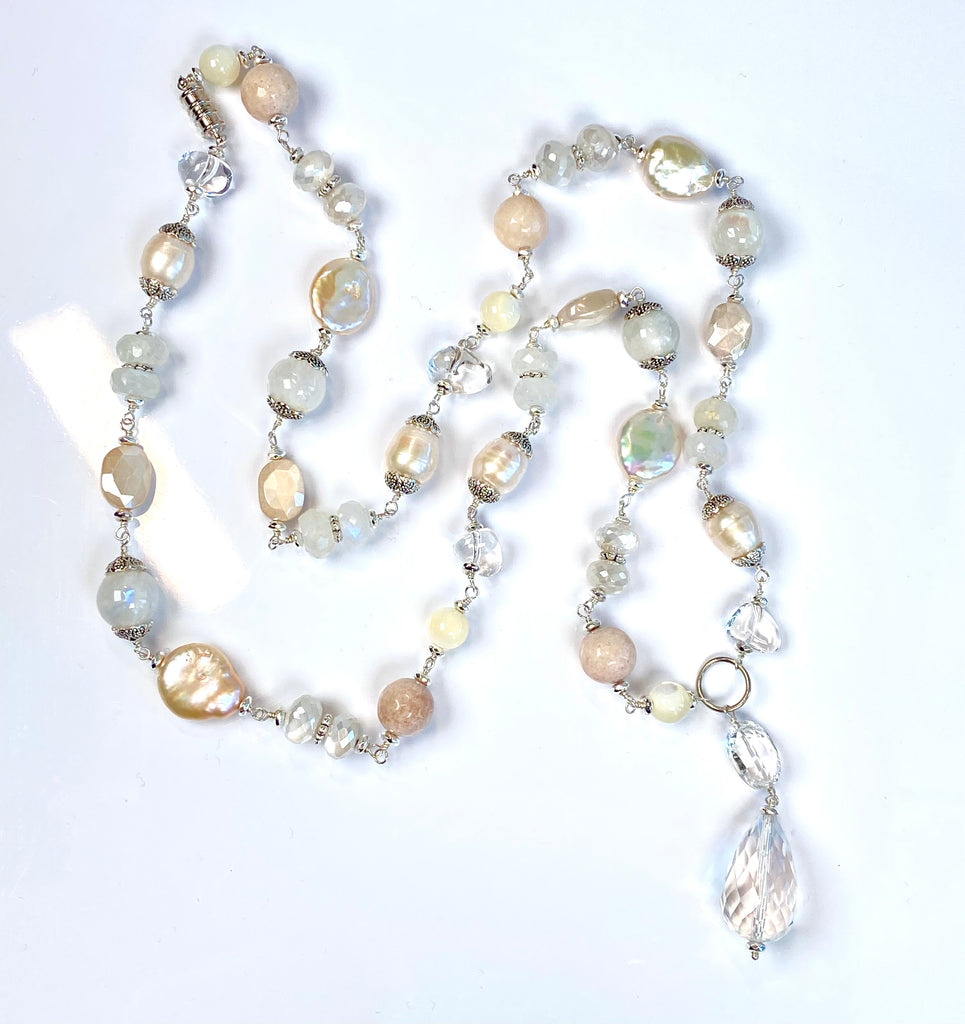 Crystal Quartz Moonstone Pearl Aventurine Long Necklace Sterling Silver