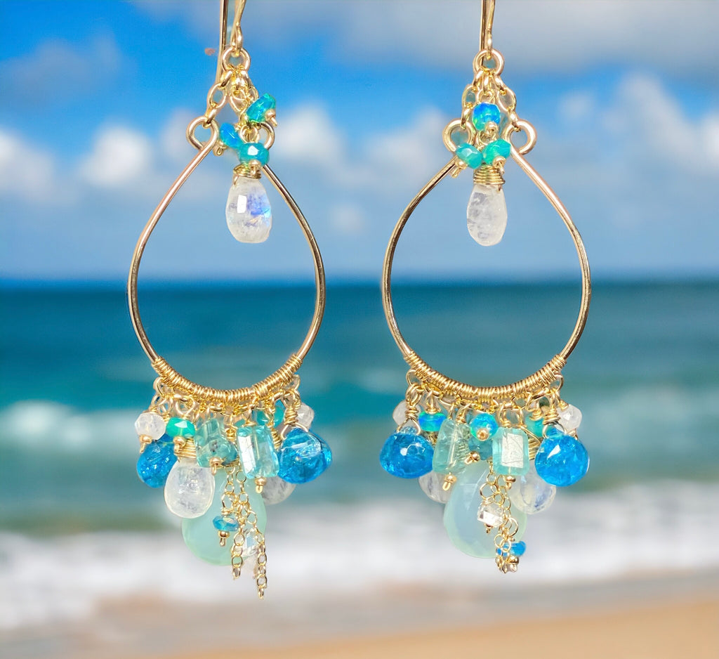 Aqua and Moonstone Statement Hoop Chandelier Earrings Gold