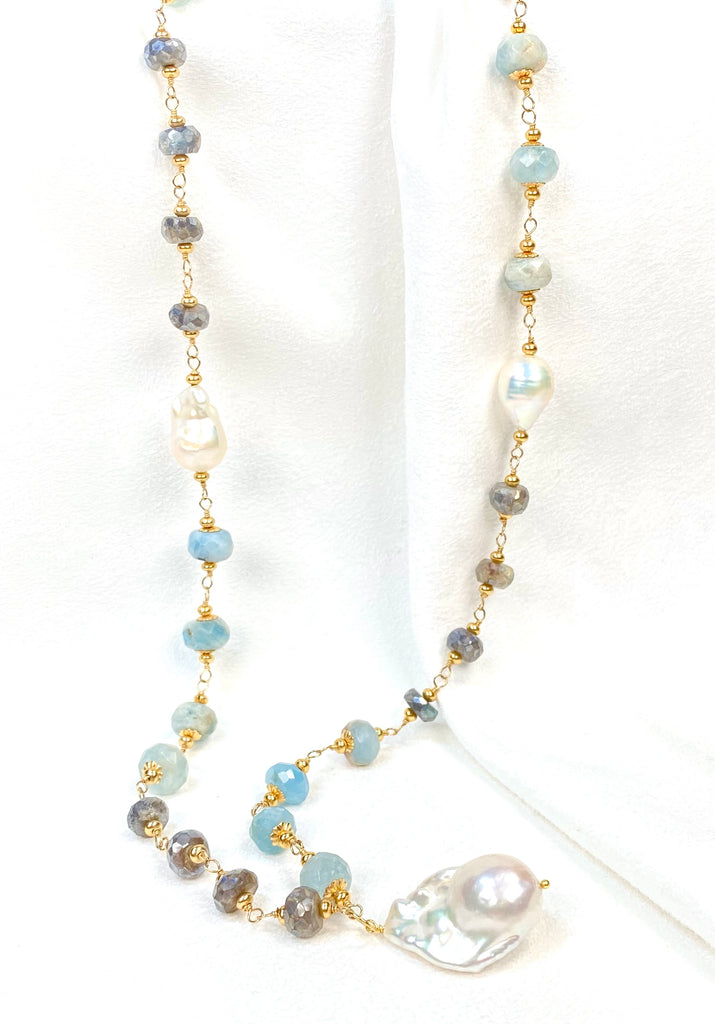 Aquamarine, Labradorite, Pearl Long Wire Wrapped Necklace