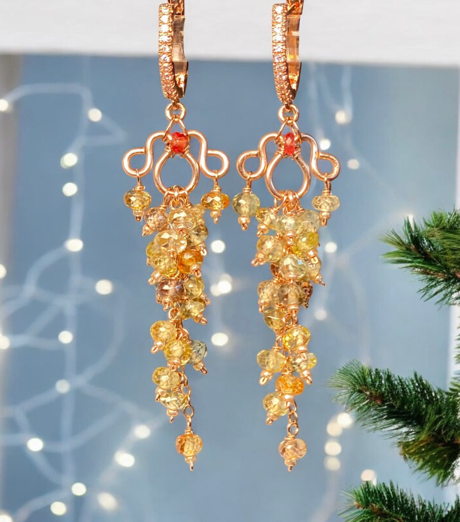 Natural Gemstone Zircon Cluster Dangle Earrings Rose Gold Fill