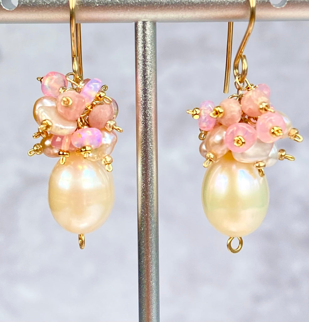 Pink Blush Pearl Pink Opal Cluster Earrings Gold Fill