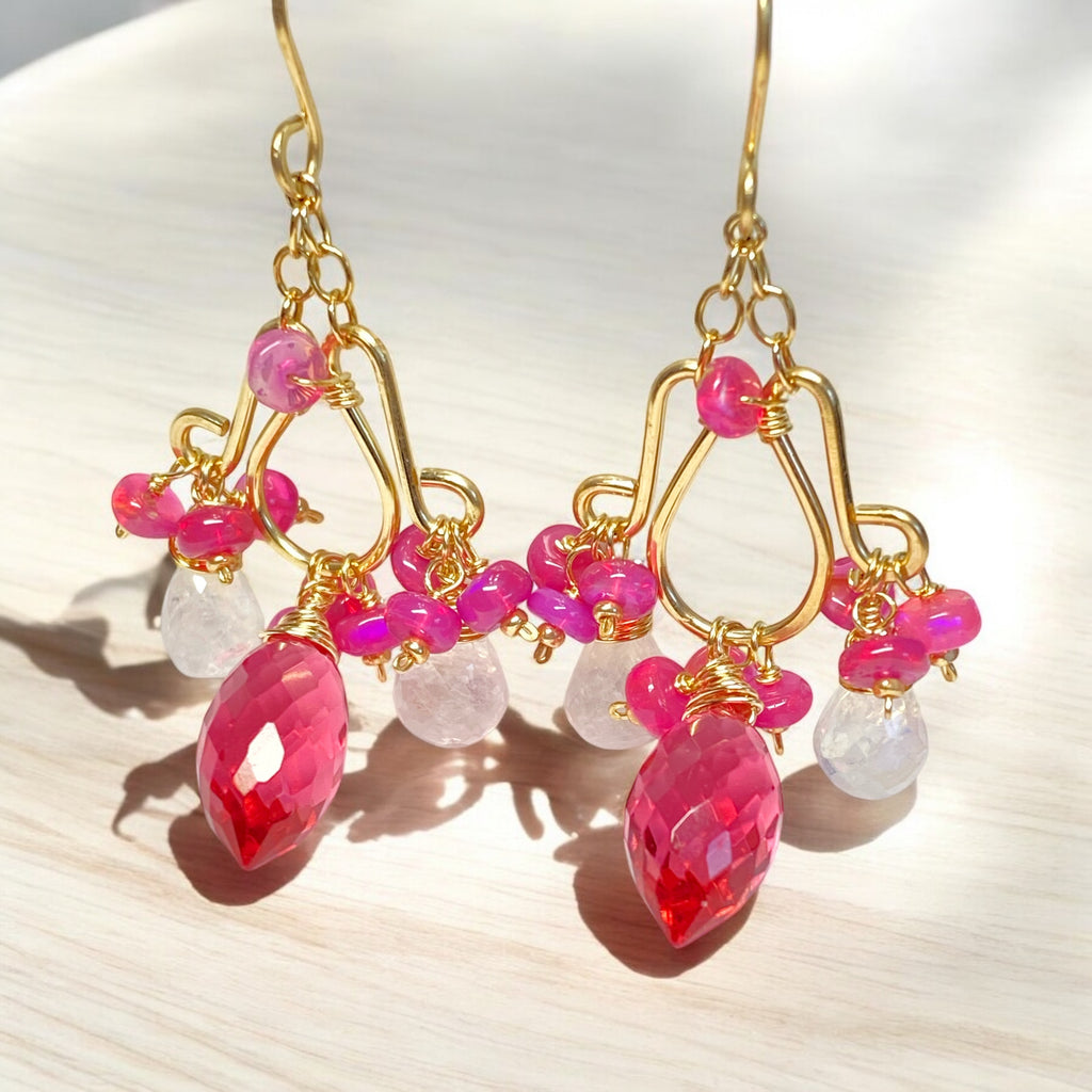 Rubellite Pink Quartz Moonstone Chandelier Earrings Pink Opals, Gold Fill