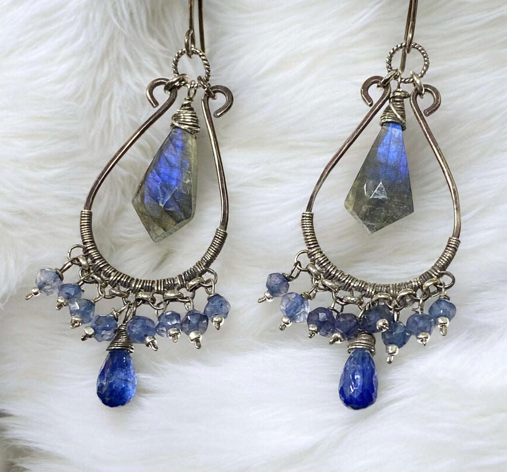 Blue Gemstone Statement Chandelier Earrings Oxidized Sterling Silver Blue Labradorite, Iolite, Kyanite - Doolittle