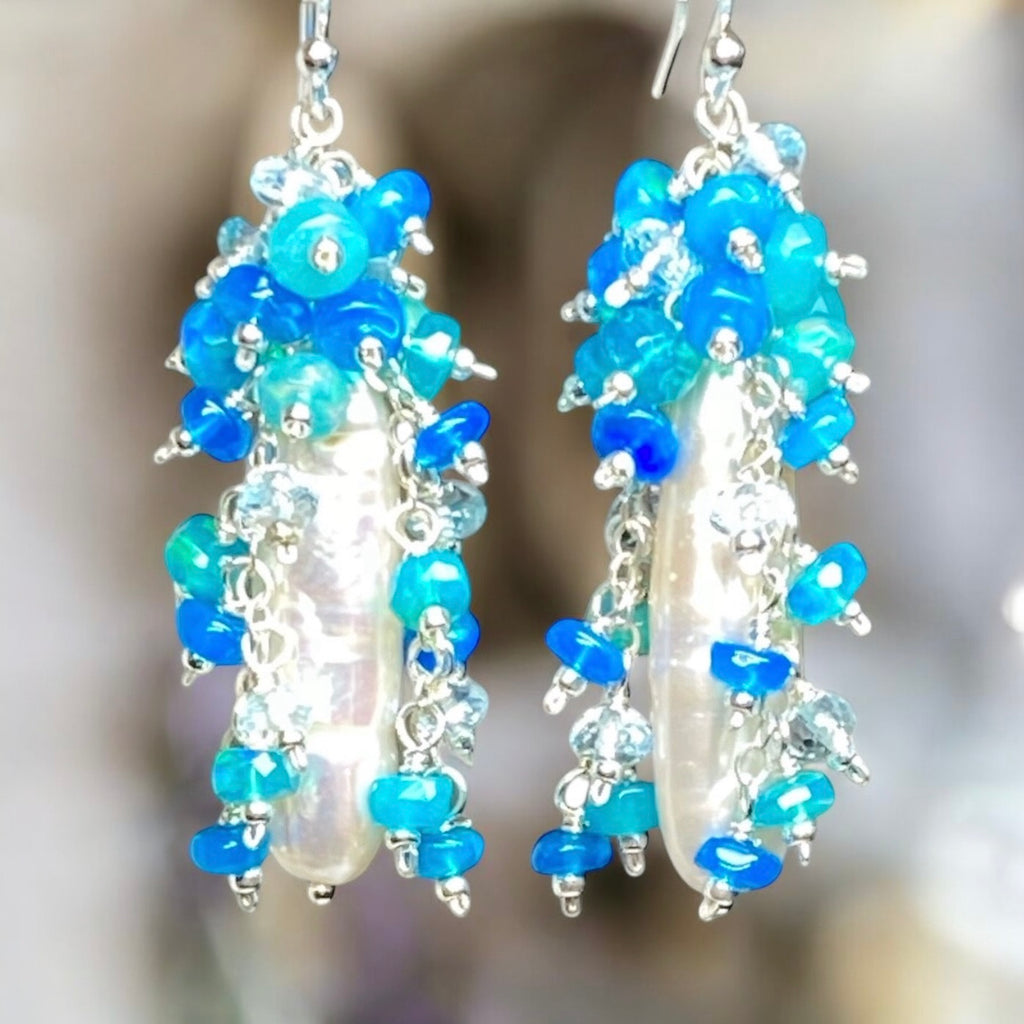 White Biwa Pearl and Aqua Blue Opal Cluster Earrings Sterling Silver