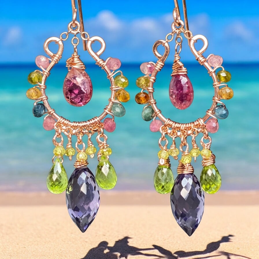 Rose Gold Chandelier Earrings: Pink Tourmaline, Peridot, Amethyst