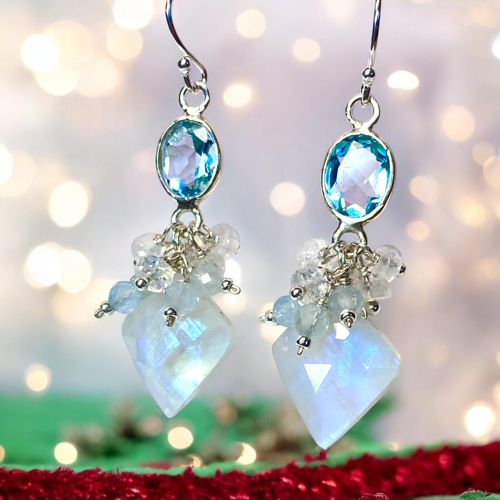 Rainbow Moonstone, Blue Topaz Cluster Dangle Earrings Sterling Silver