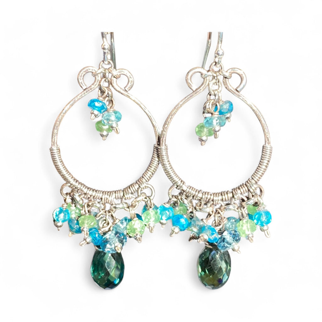 Oxidized Silver Hoop Chandelier Earrings, Aqua, Green Tsavorite, Blue Topaz 2