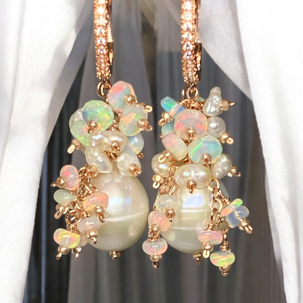 Pearl and Ethiopian Opal Cluster Earrings