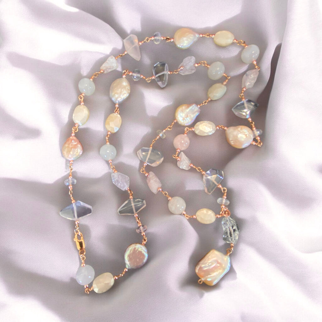 Blush Pink Coin Pearl Long Sautoir Necklace — Rose Gold Fill, Rose Quartz & Morganite