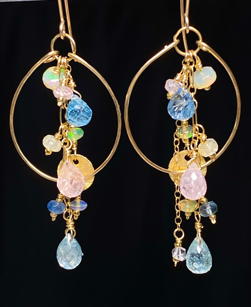 Aquamarine Gemstone Dangle Gold Fill Hoop Chandelier Earrings with Opals