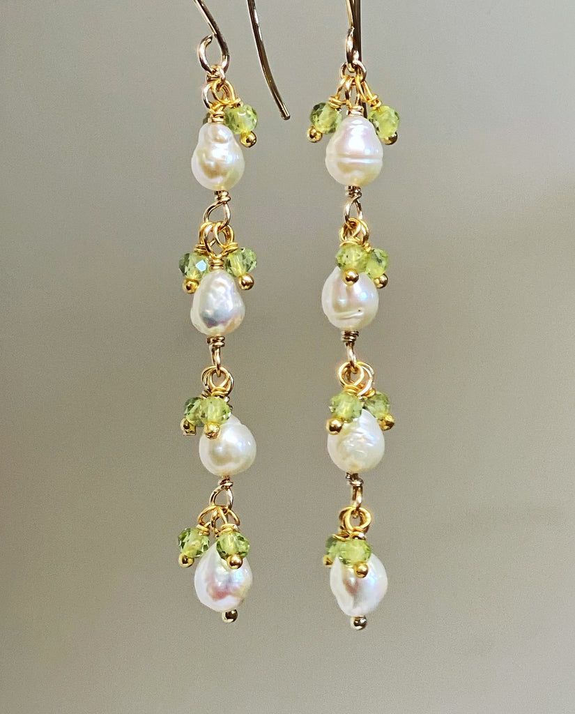 Peridot and Pearl Long Dainty Earrings Gold Fill